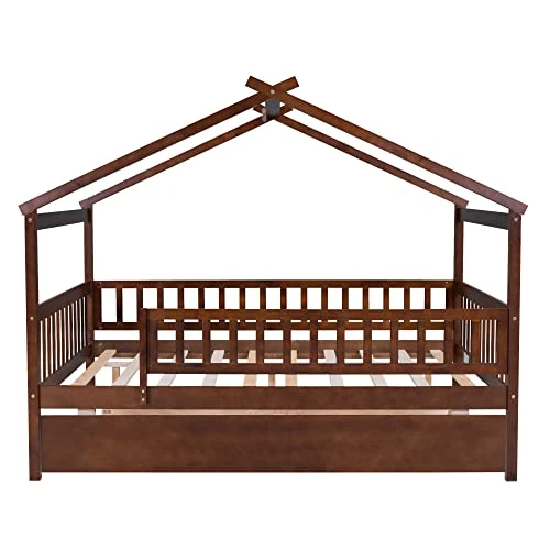 DEINPPA Full House Bed With Trundle, Kids Bed With Fence Guardrails, Wood Bed Frame, Decorative Roof Designs, No Box Spring Needed, For Boys Girls Toddler Kids-Walnut 3 DEINPPA Full House Bed With Trundle, Kids Bed With Fence Guardrails, Wood Bed Frame, Decorative Roof Designs, No Box Spring Needed, For Boys Girls Toddler Kids-Walnut - Image 3