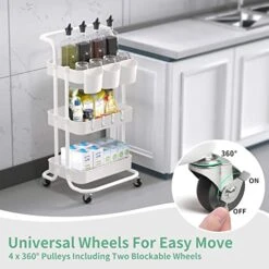 ALVOROG 3-Tier Rolling Utility Cart Storage Shelves Multifunction Storage Trolley Service Cart With Mesh Basket Handles And Wheels Easy Assembly For Bathroom, Kitchen, Office (White)