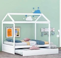 Harper & Bright Designs Full House Bed With Twin Size Trundle, Wood Full Size Bed With Roof, Windows And Fence, Playhouse Bed Frame For Kids Teens Boys & Girls, No Box Spring Needed (White) -Safavieh Furniture 41wNO6aq0nL. AC