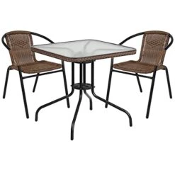 Flash Furniture Lila 28'' Square Glass Metal Table With Dark Brown Rattan Edging And 2 Dark Brown Rattan Stack Chairs
