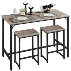 Yaheetech 3 Piece Bar Table Set, 47.5” Industrial Dining Table Set, Counter Height Table With Bar Stools Set Of 2, Kitchen Breakfast Table And Chairs For Dining Room, Living Room, Apartment