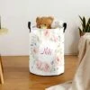 Blush Pink Gold Floral Laundry Hamper Personalized With Name Canvas Waterproof Storage Bin With Handle For Kids Nursery Hamper Gift Baskets Home Organizer