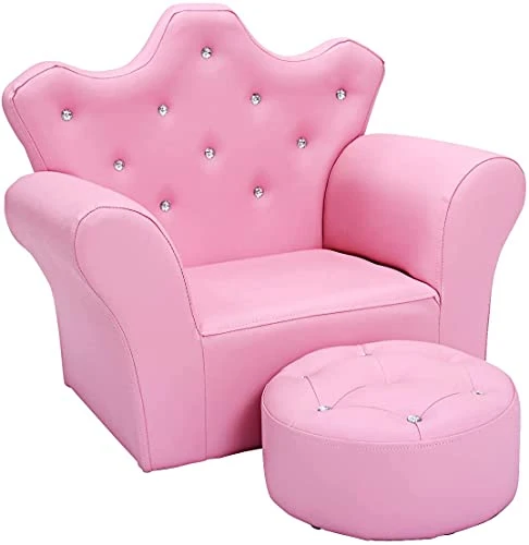 DORTALA Kids Sofa W/Ottoman, Pink Princess Couch W/Crown Shape & Embedded Crystal, PVC Leather Upholstered Armchair W/Solid Wooden Frame For Toddlers Girls, Lightweight Accent Chair, Pink 1 DORTALA Kids Sofa W/Ottoman, Pink Princess Couch W/Crown Shape & Embedded Crystal, PVC Leather Upholstered Armchair W/Solid Wooden Frame For Toddlers Girls, Lightweight Accent Chair, Pink