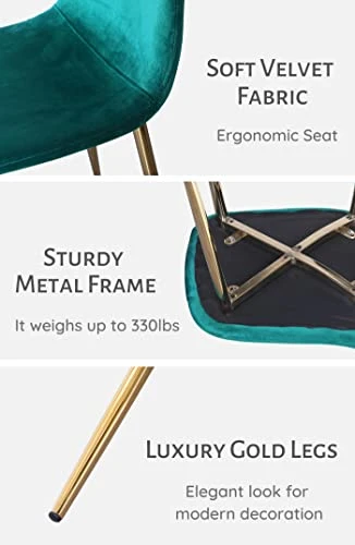 Pozbee Velvet Dining Chairs Set Of 4, Midcentury Modern Kitchen Chairs With Gold Chrome Legs, Elegant Dining Room Chairs (Dark Green) 2 Pozbee Velvet Dining Chairs Set Of 4, Midcentury Modern Kitchen Chairs With Gold Chrome Legs, Elegant Dining Room Chairs (Dark Green) - Image 2