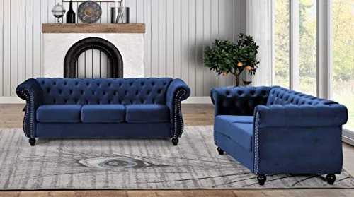 Container Furniture Direct Feinstein Modern Velvet Chesterfield Couches For Living Room With Nailheads, Diamond Tufting & Durable Metal Frame, Loveseat, Sofa, Dark Blue 1 Container Furniture Direct Feinstein Modern Velvet Chesterfield Couches For Living Room With Nailheads, Diamond Tufting & Durable Metal Frame, Loveseat, Sofa, Dark Blue