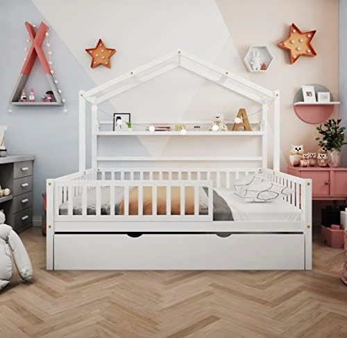 Melpomene Full House Bed With Trundle And Shelf,for Toddlers, Teens, Girls, Boys, Kids House Bed Frame Can Be Decorated (White) 8 Melpomene Full House Bed With Trundle And Shelf,for Toddlers, Teens, Girls, Boys, Kids House Bed Frame Can Be Decorated (White) - Image 8