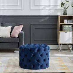 Kmax Round Velvet Ottoman, Classic Button Tufted Ottoman Living Room Footrest, 23.62" X 23.62" X 17.72" Blue