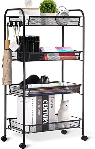 TOOLF 4-Tier Rolling Cart, Metal Utility Cart With 3 Hooks, Easy Assemble Mobile Storage Trolley On Wheels, Slide Out Shelving Units Kitchen Bathroom Laundry Room 9 TOOLF 4-Tier Rolling Cart, Metal Utility Cart With 3 Hooks, Easy Assemble Mobile Storage Trolley On Wheels, Slide Out Shelving Units Kitchen Bathroom Laundry Room - Image 9