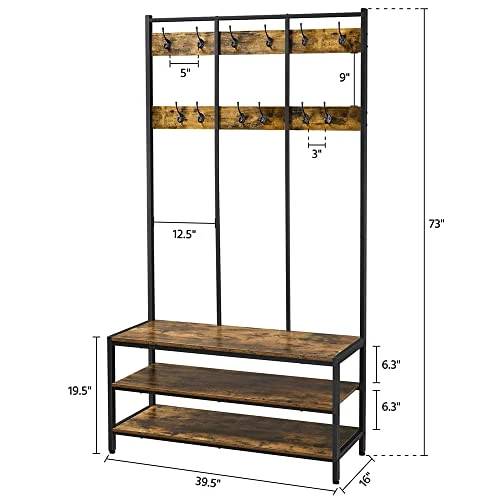 SAZAK Industrial Hall Tree With 2 Storage Shelves, Rustic Brown 3 SAZAK Industrial Hall Tree With 2 Storage Shelves, Rustic Brown - Image 3