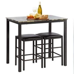 FDW Marble Rectangular Breakfast Wood Dining Room Set Table And Chair For 2, Brown