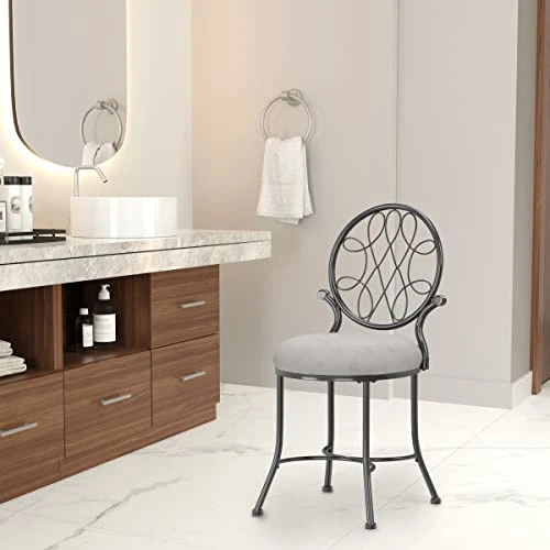 O'Malley Vanity Stool With Spiral Pattern Design, Metallic Gray 2 O'Malley Vanity Stool With Spiral Pattern Design, Metallic Gray - Image 2