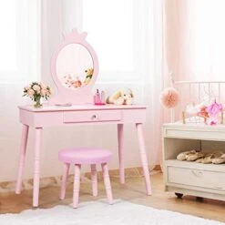 Costzon Kids Vanity Set, Wooden Princess Makeup Table With Cushioned Stool, Large Drawer, Solid Wooden Legs And Crown Mirror, Pretend Beauty Make Up Dressing Play Set For Girls Best Gift (Pink)