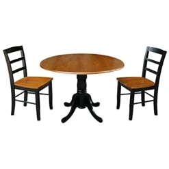 International Concepts 3-Piece 42-Inch Dual Drop Leaf Pedestal Table With 2 Madrid Chairs, Black/Cherry Finish