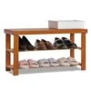 MoNiBloom Bamboo Shoe Bench, 2 Tiers Boots Heels Sneaker Organizer Rack Changing Stool With Seat For Hallway, Entryway, Living Room - Brown (6-8 Pairs)