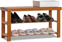 MoNiBloom Bamboo Shoe Bench, 2 Tiers Boots Heels Sneaker Organizer Rack Changing Stool With Seat For Hallway, Entryway, Living Room - Brown (6-8 Pairs) -Safavieh Furniture 41xmQHEnG5L. AC