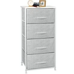 CONNOO 4 Drawer Fabric Dresser Storage Tower, Dresser Chest For Bedroom, Organizer Unit For Closets Bedroom Nursery Room Hallway, Wood Top, Gray White