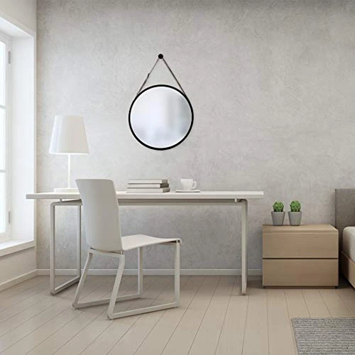 Hanging Round Black Wall Mirror - Circle Bamboo Frame 15 Inch & Adjustable Leather Strap, Makeup Vanity Dressing 3 Hanging Round Black Wall Mirror - Circle Bamboo Frame 15 Inch & Adjustable Leather Strap, Makeup Vanity Dressing - Image 3