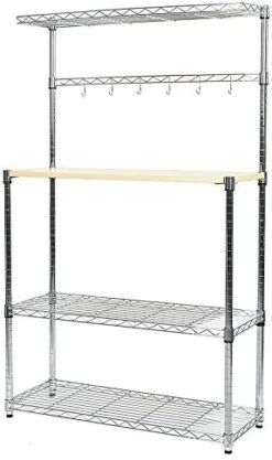 Livebest 4-Tier Kitchen Standing Baker's Rack Adjustable Cart Microwave Storage Shelf With Wheels Chrome Shelves And Thicken Cutting Board (Large)