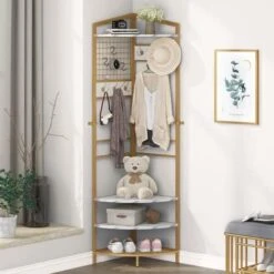 OIOG Corner Hall Tree, Industrial Corner Coat Rack With Hooks And Storage Shelf For Entryway, Hallway Corner Organizer With Shoes Rack (White Shelf) -Safavieh Furniture 41y6yM4jvsL. AC