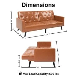 Naomi Home Jolene Tufted Split Back Futon, Mid Century Convertible Sofa Bed For Small Rooms, Faux Leather Couch, Perfect For Your Modern Living Room- Caramel, Faux Leather