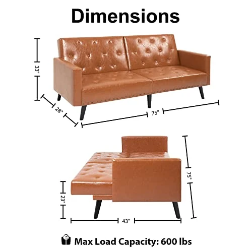 Naomi Home Jolene Tufted Split Back Futon, Mid Century Convertible Sofa Bed For Small Rooms, Faux Leather Couch, Perfect For Your Modern Living Room- Caramel, Faux Leather 1 Naomi Home Jolene Tufted Split Back Futon, Mid Century Convertible Sofa Bed For Small Rooms, Faux Leather Couch, Perfect For Your Modern Living Room- Caramel, Faux Leather