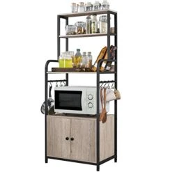 Topeakmart Kitchen Baker's Rack With Storage Shelves, 4-Tier Microwave Stand With 8 Hooks And Cabinet, 59'' Height Kitchen Shelves For Spices Pots And Pans, Utility Coffee Station With Storage Shelves