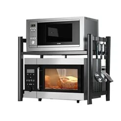 ESSGUO Expandable Microwave Oven Rack, Microwave Stand Countertop Kitchen Utensils Tableware Storage, Double Layer Carbon Steel Over Microwave Shelf With 6 Hooks(Black)