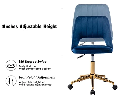 Velvet Desk Chair Swivel Home Office Task Chair Cute Vanity Chair With Wheels For Girls, Kids, Teens, Living Room, Office, Bedroom, Dressing Room, Blue 4 Velvet Desk Chair Swivel Home Office Task Chair Cute Vanity Chair With Wheels For Girls, Kids, Teens, Living Room, Office, Bedroom, Dressing Room, Blue - Image 4