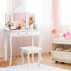 Costzon Kids Wooden Vanity Table & Stool Set, 2 In 1 Detachable Design With Dressing Table And Writing Desk, Princess Makeup Dressing Table With Two 180° Folding Mirror, For Girls, Kids (White) -Safavieh Furniture 41ySngmZRsL. AC