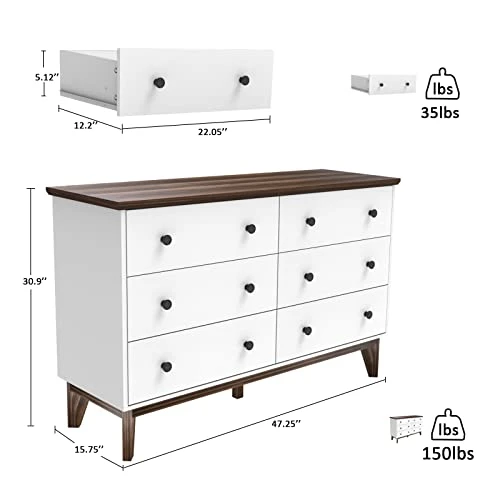 LYNSOM White Dresser For Bedroom, Modern 6 Drawer Double Dresser With Deep Drawers And Gold Knobs, Wood Storage Chest Of Drawers For Living Room, Office 3 LYNSOM White Dresser For Bedroom, Modern 6 Drawer Double Dresser With Deep Drawers And Gold Knobs, Wood Storage Chest Of Drawers For Living Room, Office - Image 3