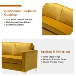 HULALA HOME Modern Velvet Loveseat Sofa With Gold Legs, Comfy Upholstered Small Love Seat Couch With Removable Cushions, 2-Seater Sofa For Living Room Bedroom, Mustard -Safavieh Furniture 41yVMdrMQjL