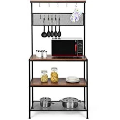 RELAX4LIFE Baker’s Rack Microwave Stand With 11 Hooks,Metal Rack And Adjustable Feet For Spices, Pots, And Pans Utility Storage Shelf Kitchen Organizer Workstation (Brown)