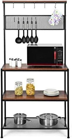 RELAX4LIFE Baker’s Rack Microwave Stand With 11 Hooks,Metal Rack And Adjustable Feet For Spices, Pots, And Pans Utility Storage Shelf Kitchen Organizer Workstation (Brown) 15 RELAX4LIFE Baker’s Rack Microwave Stand With 11 Hooks,Metal Rack And Adjustable Feet For Spices, Pots, And Pans Utility Storage Shelf Kitchen Organizer Workstation (Brown) -Safavieh Furniture 41ykjU5wNsL. AC