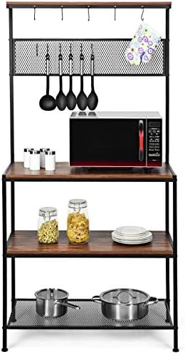 RELAX4LIFE Baker’s Rack Microwave Stand With 11 Hooks,Metal Rack And Adjustable Feet For Spices, Pots, And Pans Utility Storage Shelf Kitchen Organizer Workstation (Brown) 8 RELAX4LIFE Baker’s Rack Microwave Stand With 11 Hooks,Metal Rack And Adjustable Feet For Spices, Pots, And Pans Utility Storage Shelf Kitchen Organizer Workstation (Brown) - Image 8