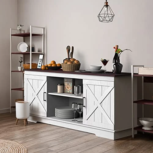 YITAHOME Buffet Cabinet, 59.5“ Farmhouse Sideboard Buffet Storage Cabinet With Barn Door Coffee Bar Cabinet With Capacity 300 Lbs For Home Dinning Living Room, Grey White/Espresso, 26“ Height 3 YITAHOME Buffet Cabinet, 59.5“ Farmhouse Sideboard Buffet Storage Cabinet With Barn Door Coffee Bar Cabinet With Capacity 300 Lbs For Home Dinning Living Room, Grey White/Espresso, 26“ Height - Image 3