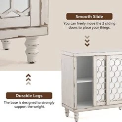 COSIEST Sideboard Buffet Cabinet, MDF Storage Cabinet With Mirrored Doors And Adjustable Shelf, Kitchen Cupboard Console Table With Sliding Doors For Dining Room, Hallway, Living Room, White -Safavieh Furniture 41yxzoD9aLL