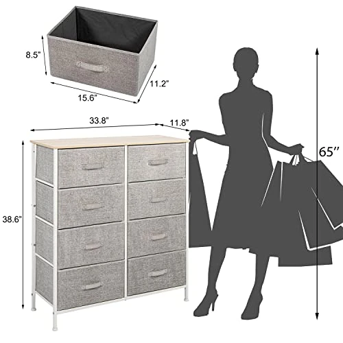 VIOUS Fabric Dresser With 8 Drawers, 33.8" X 11.8" X 38.6", Vertical Fabric Storage Tower, Metal Frame And Wooden Desktop (Light Grey) 2 VIOUS Fabric Dresser With 8 Drawers, 33.8" X 11.8" X 38.6", Vertical Fabric Storage Tower, Metal Frame And Wooden Desktop (Light Grey) - Image 2
