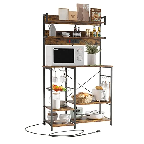 Wodeer Kitchen Baker's Rack With Power Outlet, Microwave Oven Stand, Storage Shelf With Wire Basket & Wine Glass Holder, 8-Tier Utility Coffee Bar Station For Spice Rack Organizer,Rustic Brown 1 Wodeer Kitchen Baker's Rack With Power Outlet, Microwave Oven Stand, Storage Shelf With Wire Basket & Wine Glass Holder, 8-Tier Utility Coffee Bar Station For Spice Rack Organizer,Rustic Brown