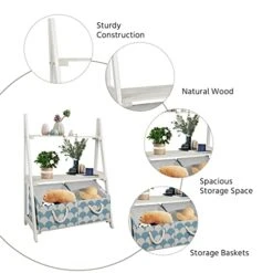 Babion White Ladder Shelf, 3 Tier Ladder Bookshelf With 2 Baskets，Wood Rustic Ladder Bookshelf, Freestanding Storage Organizer Rack, Indoor Plant Stand, Ladder Shelves For Home, 2PCS,White -Safavieh Furniture 41zIf4Dxx4L