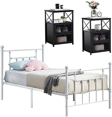 Queen Size Metal Bed Frame And Versatile Nightstands Set Of 2, Heavy-Duty Platform With Headboard,Night Stands Side End Tables With Storage Drawers For Bedroom, Living Room, Easy Assemble, Black+Brown 13 Queen Size Metal Bed Frame And Versatile Nightstands Set Of 2, Heavy-Duty Platform With Headboard,Night Stands Side End Tables With Storage Drawers For Bedroom, Living Room, Easy Assemble, Black+Brown - Image 13