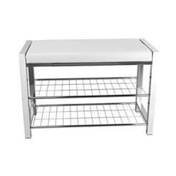 Danya B. Leatherette Entryway Bench With Two Metal Shoe Racks (Chrome/White)