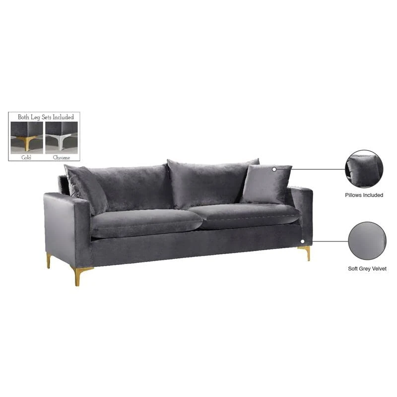 Meridian Furniture Naomi Collection Stainless 1 Modern | Contemporary Velvet Upholstered Sofa With Stainless Steel Base In A Rich Gold Or Chrome Finish, Grey 6 Meridian Furniture Naomi Collection Stainless 1 Modern | Contemporary Velvet Upholstered Sofa With Stainless Steel Base In A Rich Gold Or Chrome Finish, Grey - Image 6
