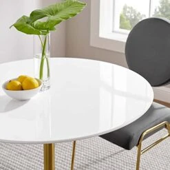 Modway Lippa 36" Mid-Century Modern Dining Table With Round Top In Gold White