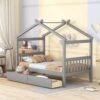 LLS Twin Size House Bed, Wood Bed Frame With 2 Drawers Storage, Headboards And Roof, Can Be Decorated For Children Boys Girls, Gray