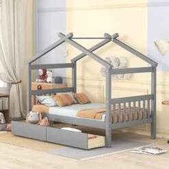 LLS Twin Size House Bed, Wood Bed Frame With 2 Drawers Storage, Headboards And Roof, Can Be Decorated For Children Boys Girls, Gray