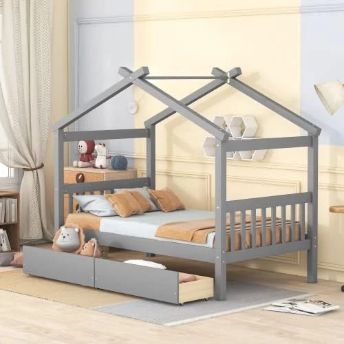 LLS Twin Size House Bed, Wood Bed Frame With 2 Drawers Storage, Headboards And Roof, Can Be Decorated For Children Boys Girls, Gray 6 LLS Twin Size House Bed, Wood Bed Frame With 2 Drawers Storage, Headboards And Roof, Can Be Decorated For Children Boys Girls, Gray - Image 6