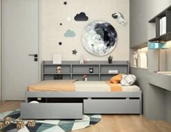 DEINPPA Full Size Platform Bed With Built-in Bookshelves And 2 Drawers, Wooden Captain Bed Frame For Kids Teens Adult Boys Girls, No Box Spring Needed, Grey