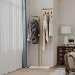 HKaikzo Double-pole Coat Rack Freestanding, Modern Metal Coat Racks Hanger Stand With 5 Hooks And Natural Marble Base, For Bedroom, Office, Hallway, Entryway, Living Room Gold… -Safavieh Furniture 41ze76xRJpL. AC