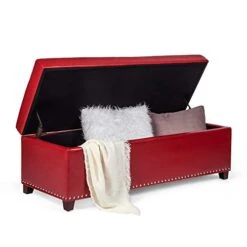 Homebeez Faux Leather Storage Ottoman Bench, Tufted Foot Rest Stool With Lift-Top & Nailhead Trim (Red/Large)