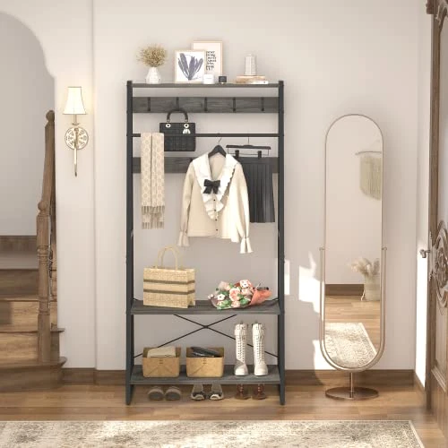 Unikito Coat Rack, 3-in-1 Hall Tree With Storage Shoe Rack, Freestanding Entryway Bench With Shelves, Industrial Entry Coat Stand With Metal Frame For Entrance, Foyer, Bedroom, Easy Assemble, Gray 4 Unikito Coat Rack, 3-in-1 Hall Tree With Storage Shoe Rack, Freestanding Entryway Bench With Shelves, Industrial Entry Coat Stand With Metal Frame For Entrance, Foyer, Bedroom, Easy Assemble, Gray - Image 4